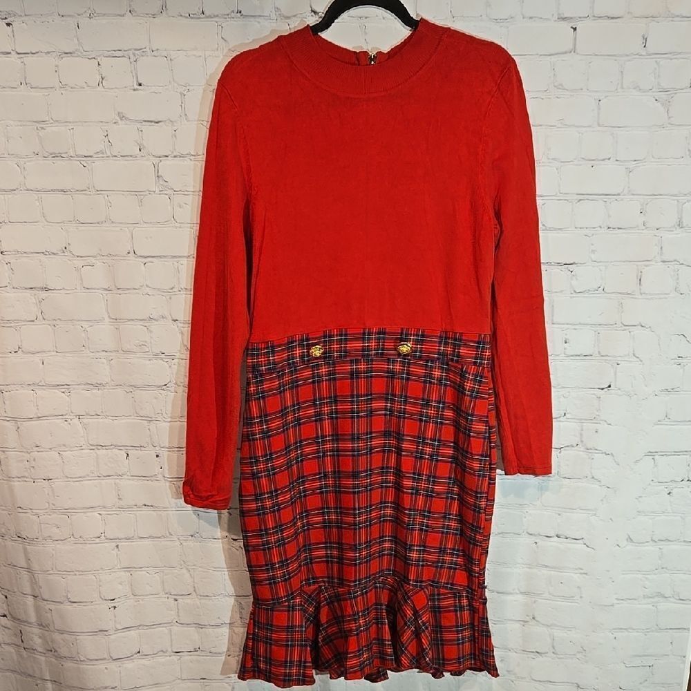 VENUS Red and Plaid Long Sleeve Dress
